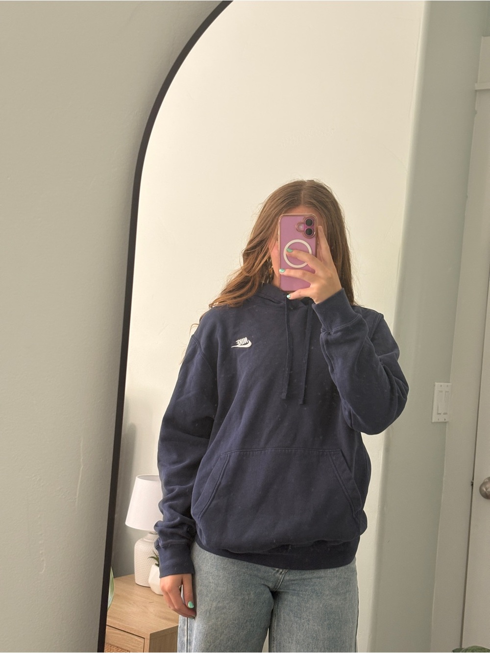 Nike Women's Navy Blue Pullover Hoodie with White Logo